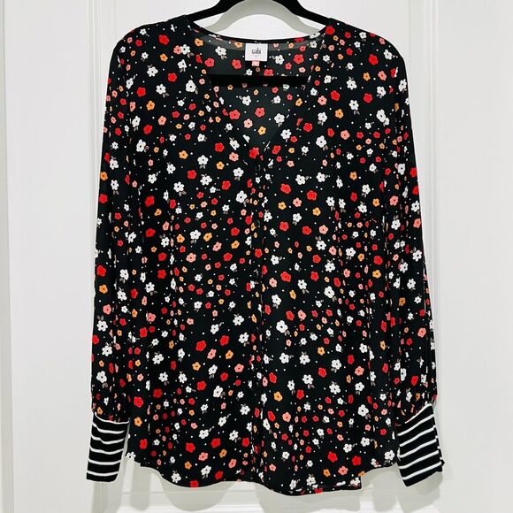 Cabi Women's Cheerful Blouse Sz. Large Floral Print and Striped Cuffs Style 3957 - Picture 3 of 13